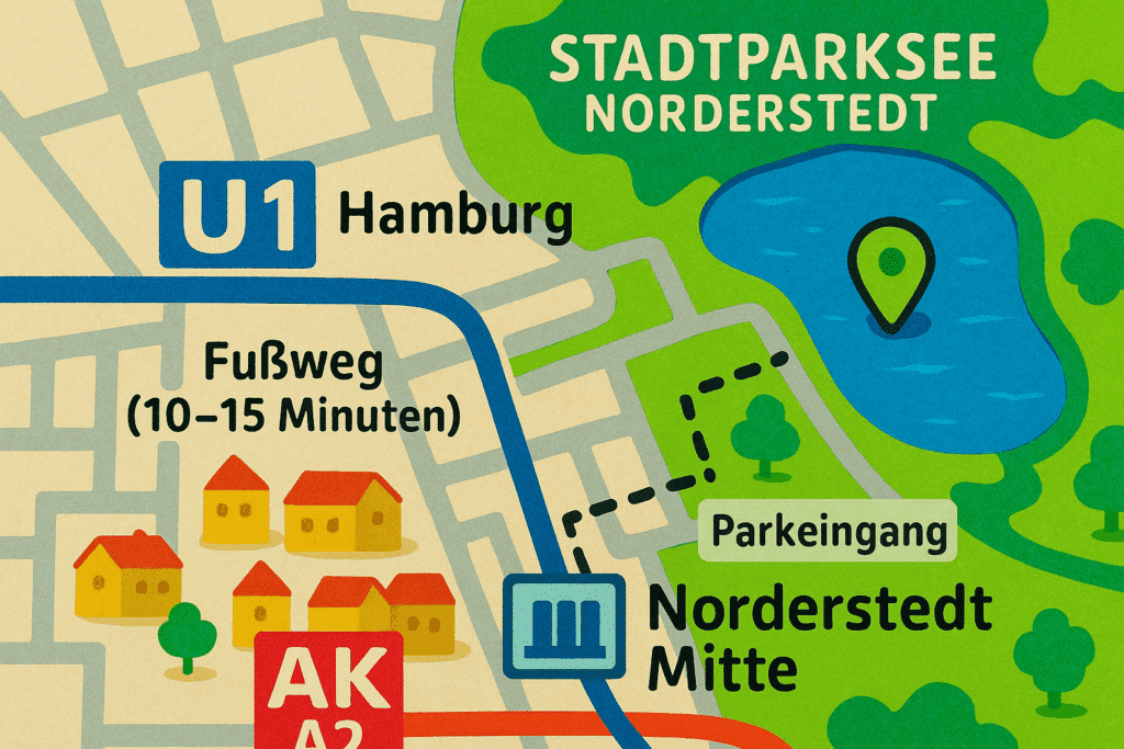 Grafische Anfahrtsskizze zum Stadtparksee Norderstedt mit U-Bahn und AKN-Verbindung
