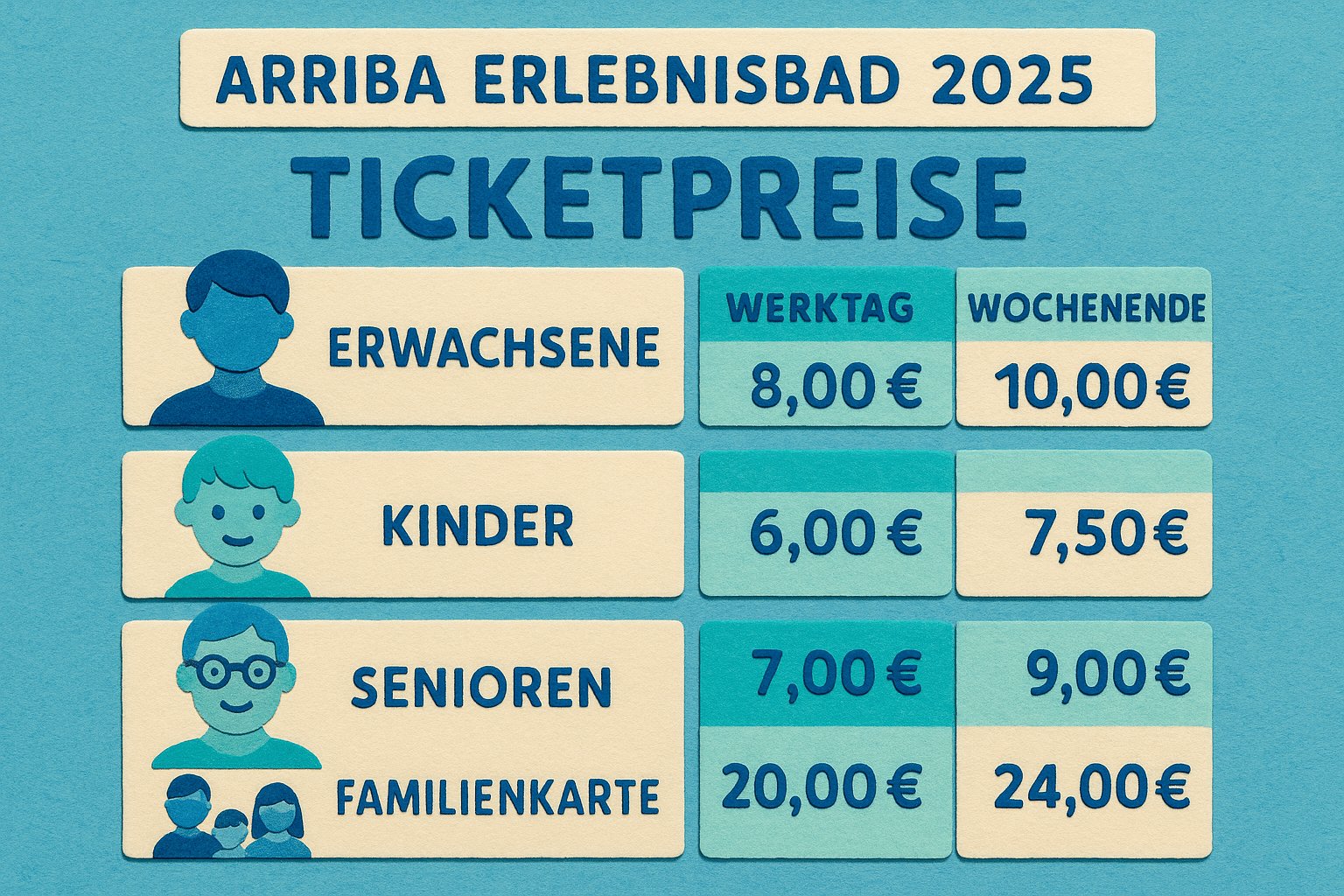 Übersicht der Arriba Erlebnisbad Preise 2025 mit Tarifen für Erwachsene, Kinder, Senioren und Familienkarten