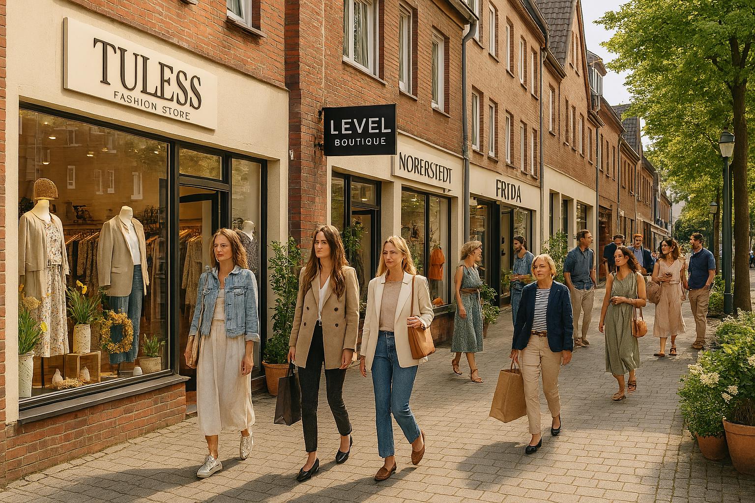Einkaufsstraße mit Boutiquen in Norderstedt – Tuless, Level und Frida bei sonnigem Wetter