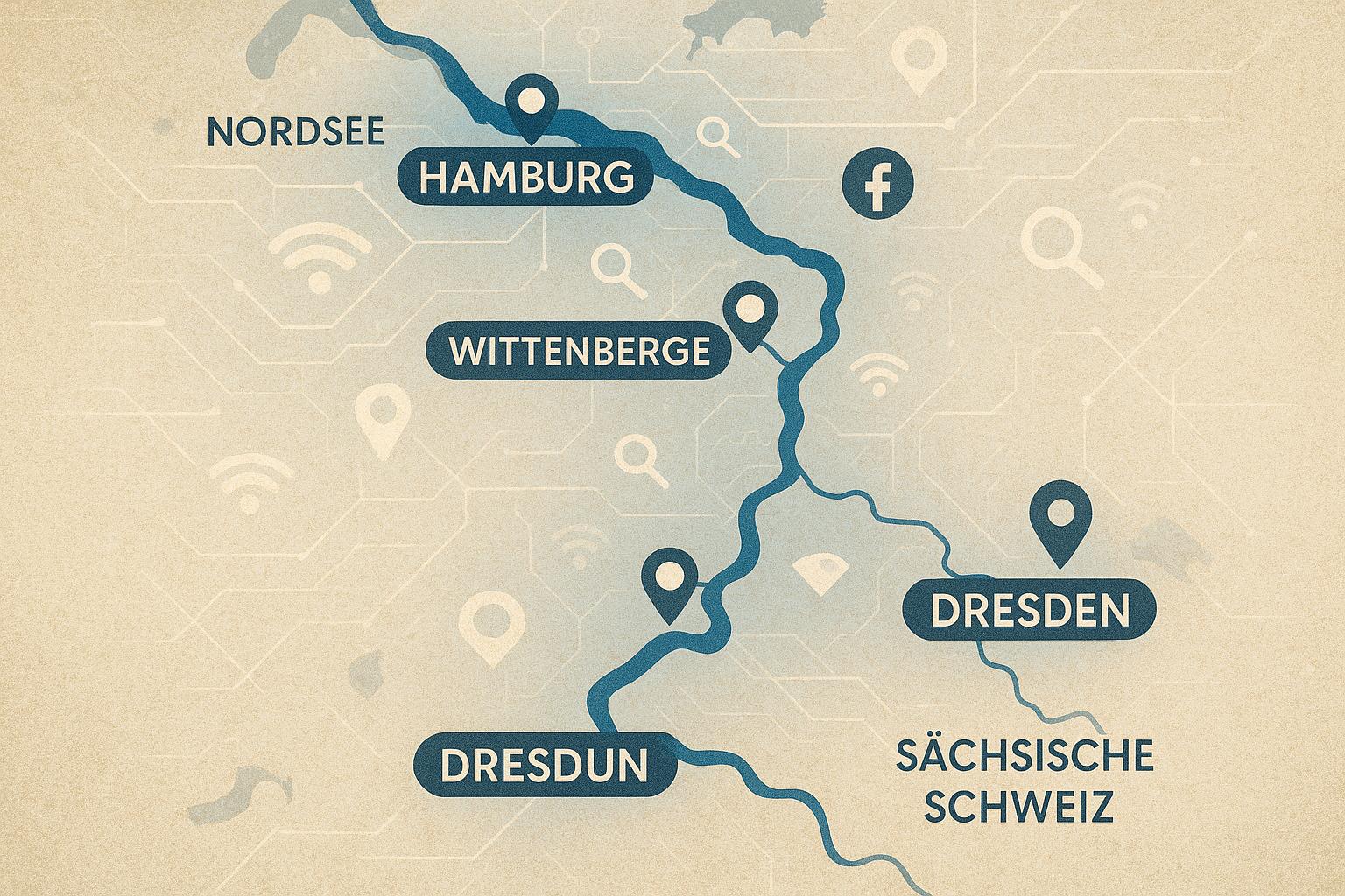 Digitale Sichtbarkeit von Unternehmen entlang der Elbe zwischen Dresden und Hamburg auf einer stilisierten Karte