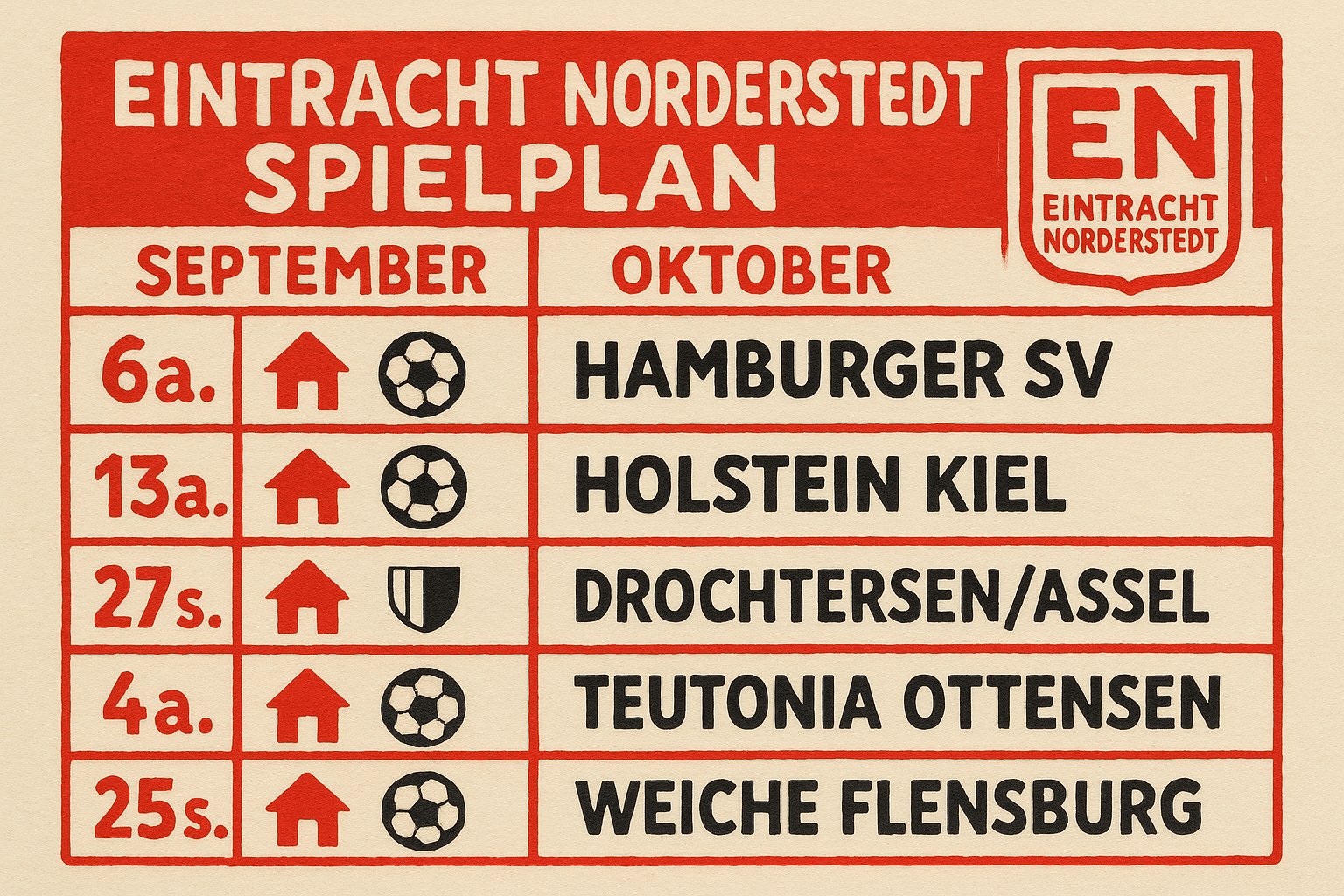 Spielplan von Eintracht Norderstedt für September und Oktober 2025 in der Regionalliga Nord