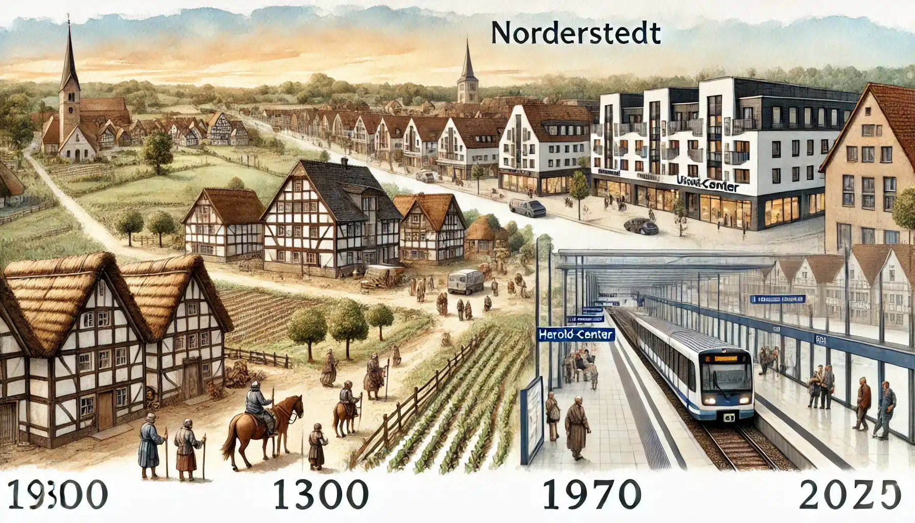 Historischer und moderner Wandel in Garstedt Norderstedt mit Dorf, U-Bahn und Herold-Center in Aquarellstil