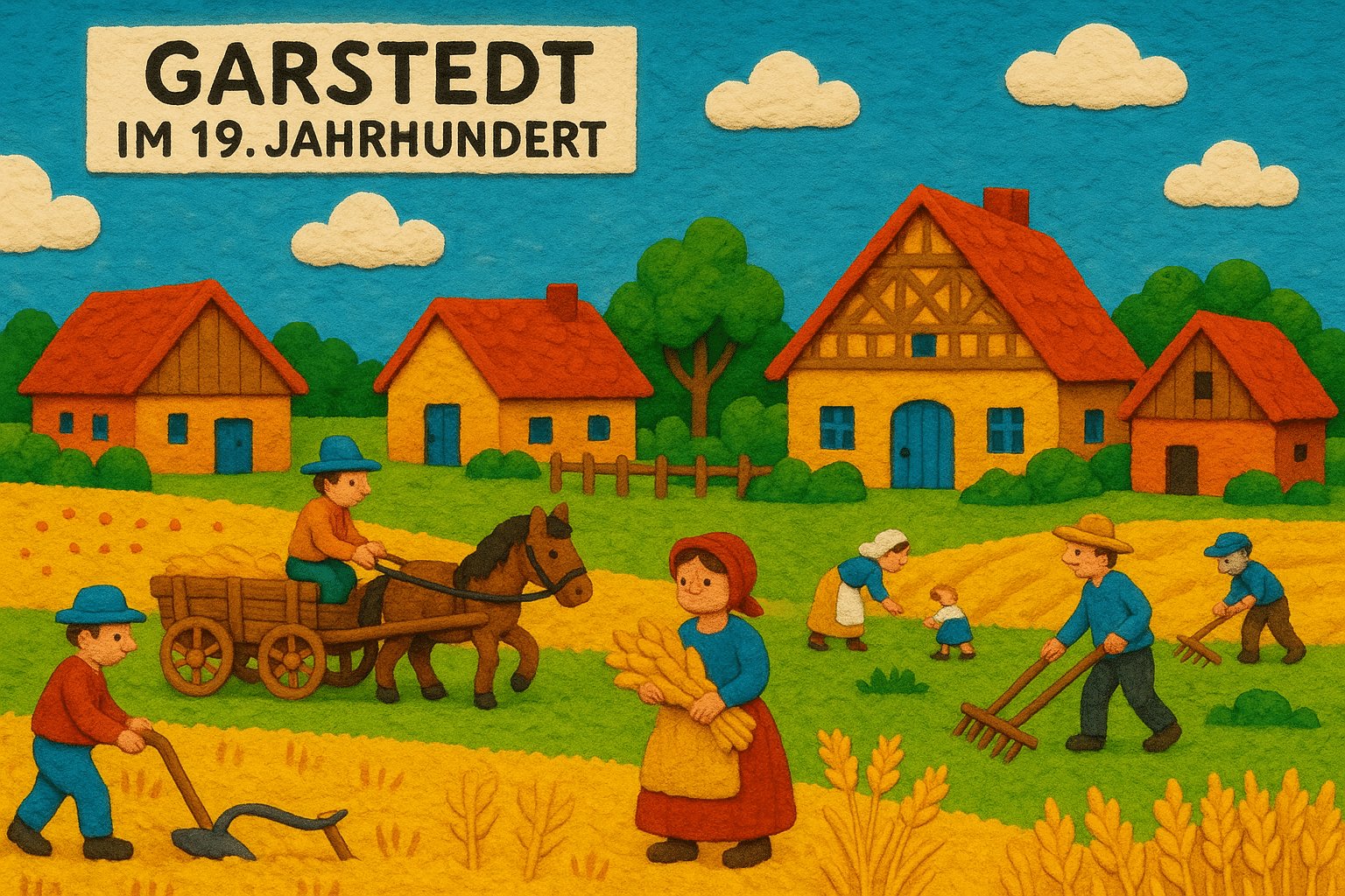 Historisches Garstedt im 19. Jahrhundert als Bauerndorf mit Feldern und Bauernhäusern