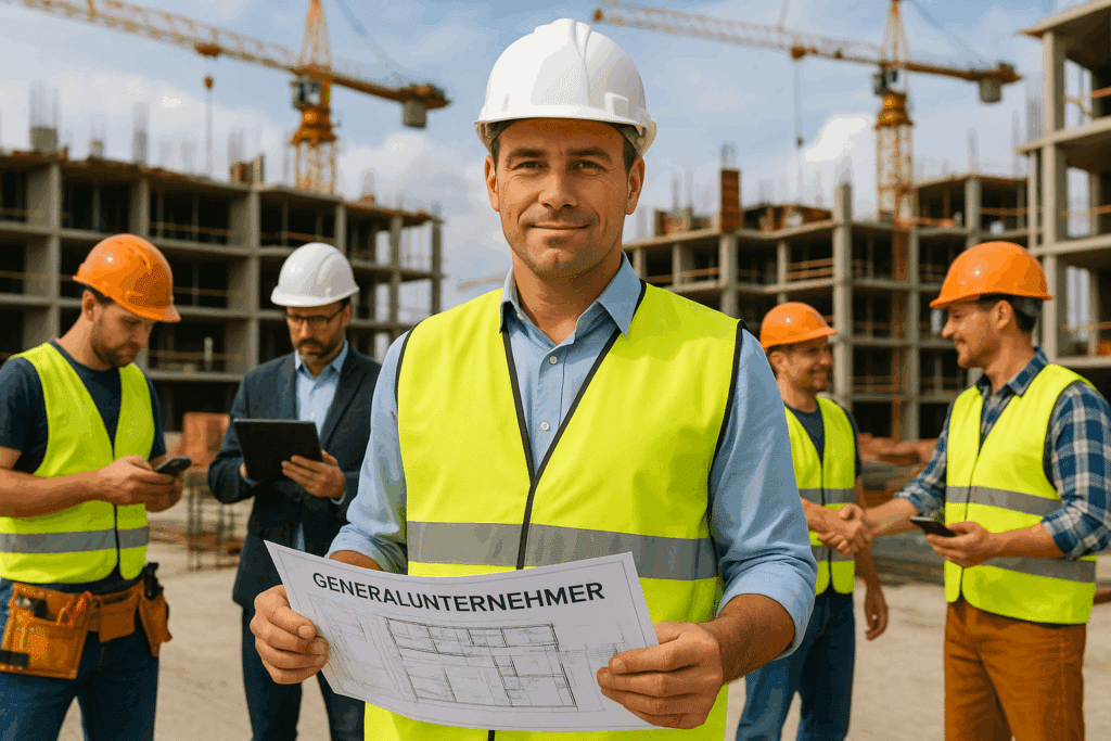 Generalunternehmer koordiniert Fachkräfte auf der Baustelle für effizienten Bauprozess und Zeitersparnis