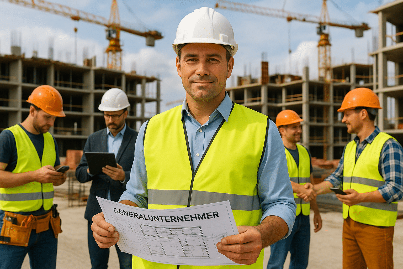 Generalunternehmer koordiniert Fachkräfte auf der Baustelle für effizienten Bauprozess und Zeitersparnis