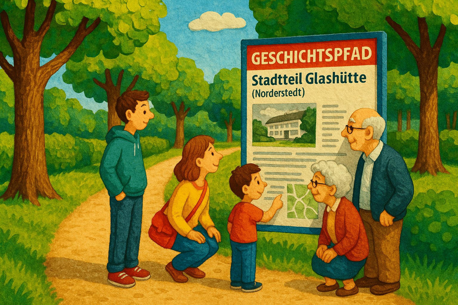 Informationstafel des Geschichtspfads Glashütte in Norderstedt mit Besucher:innen