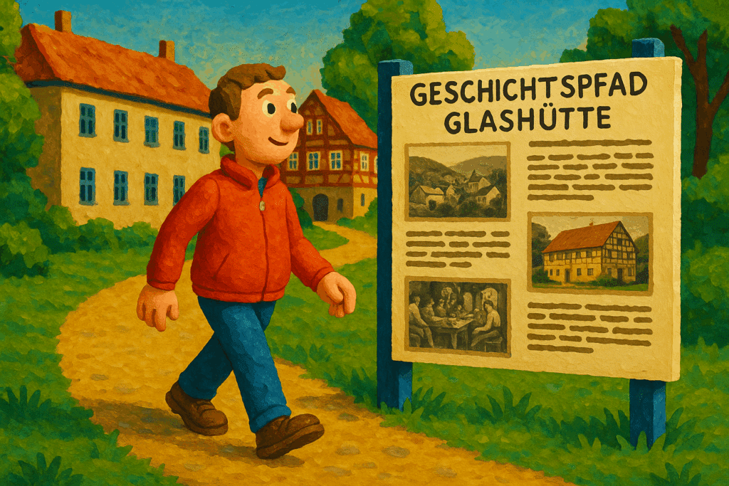 Besucher am Geschichtspfad Glashütte mit historischen Informationstafeln und alten Gebäuden