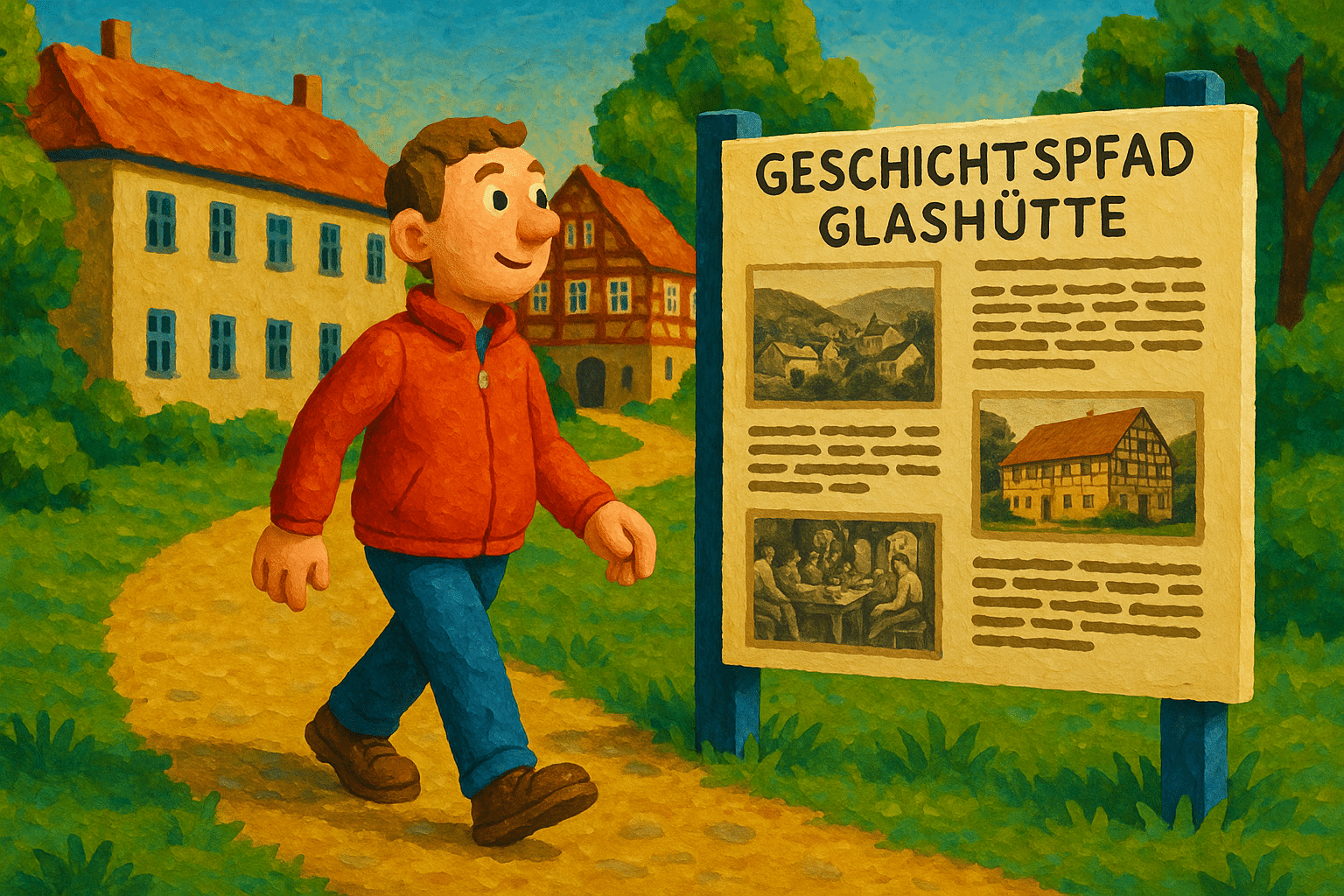 Besucher am Geschichtspfad Glashütte mit historischen Informationstafeln und alten Gebäuden