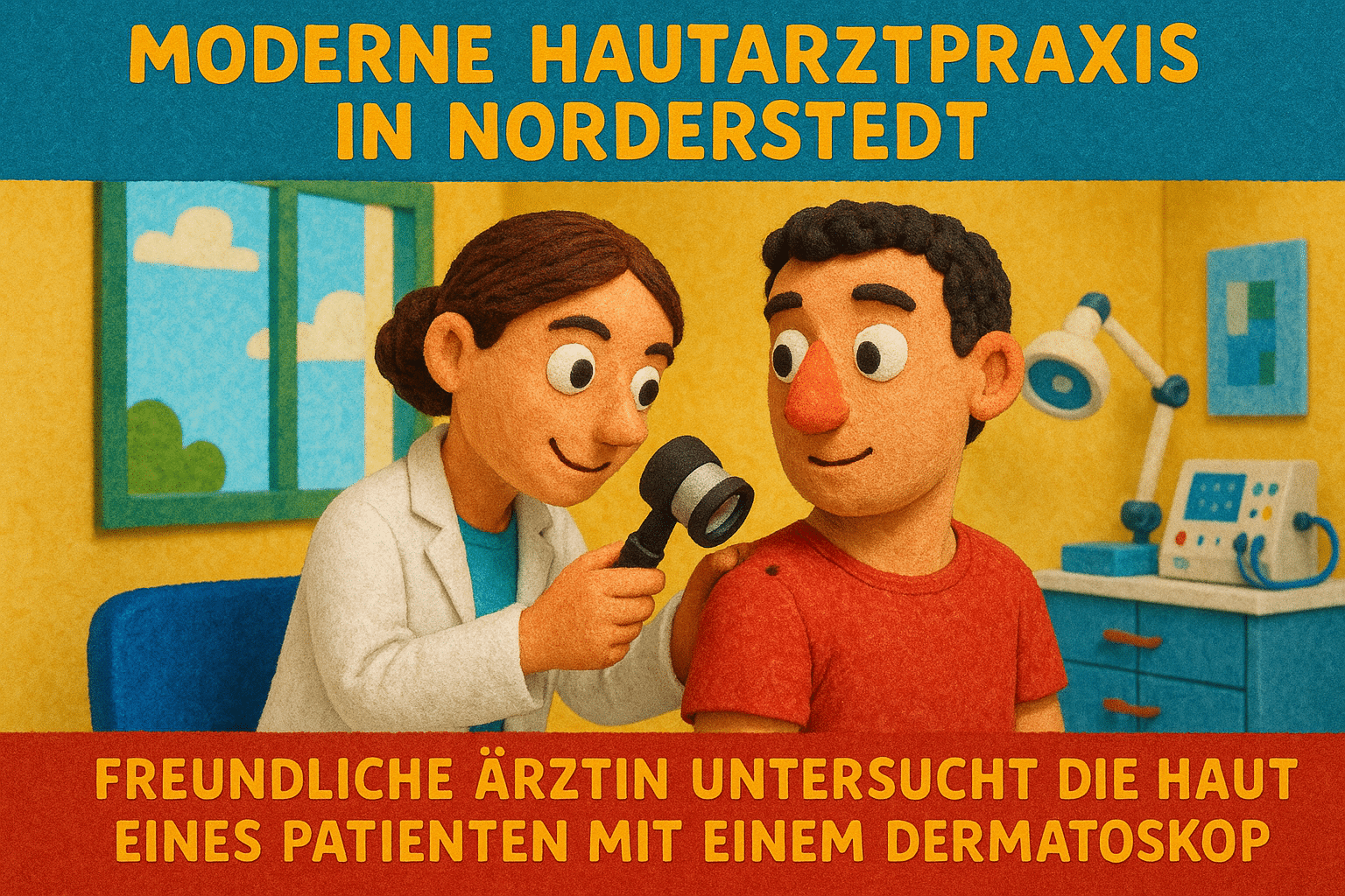 Ärztin in einer modernen Hautarztpraxis in Norderstedt untersucht die Haut eines Patienten mit einem Dermatoskop.