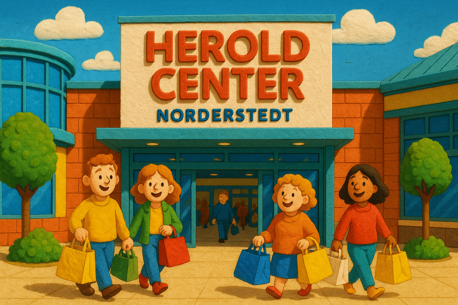 Eingangsbereich des Herold Centers Norderstedt mit Besuchern und Einkaufstaschen