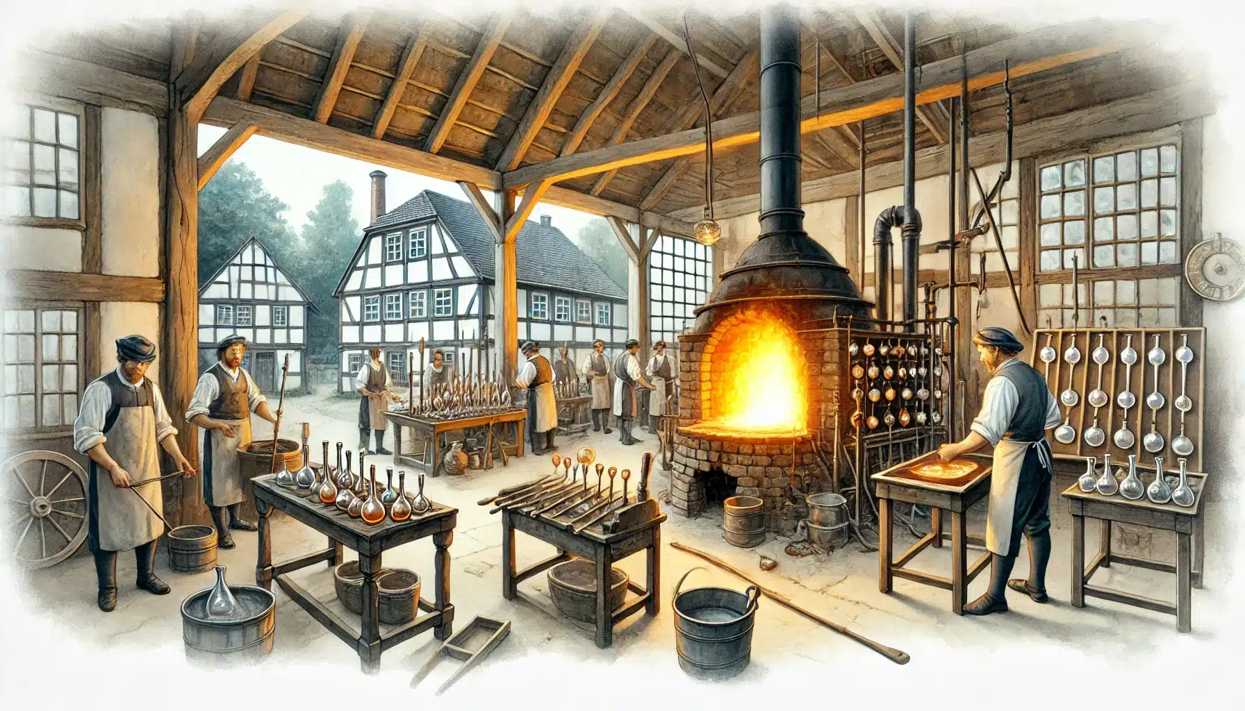 Historische Glasproduktion in der Glashütte Norderstedt mit Glasmachern und Werkstatt aus dem 18. Jahrhundert