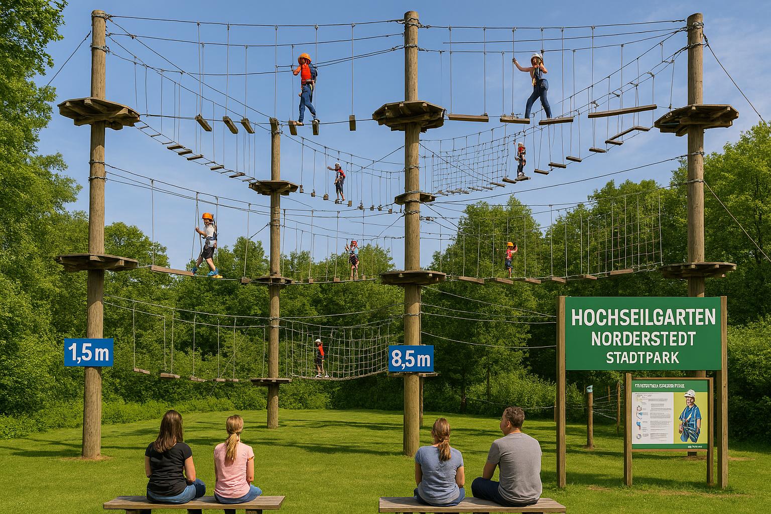 Übersicht der Kletterparcours im Hochseilgarten Norderstedt mit verschiedenen Höhenstufen für Kinder und Erwachsene