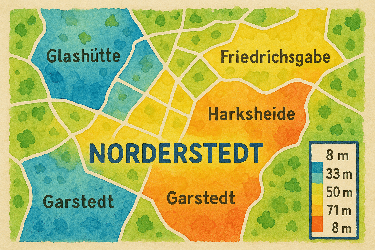 Höhenkarte von Norderstedt mit farblich markierten Stadtteilen und Höhenstufen über Normalhöhennull