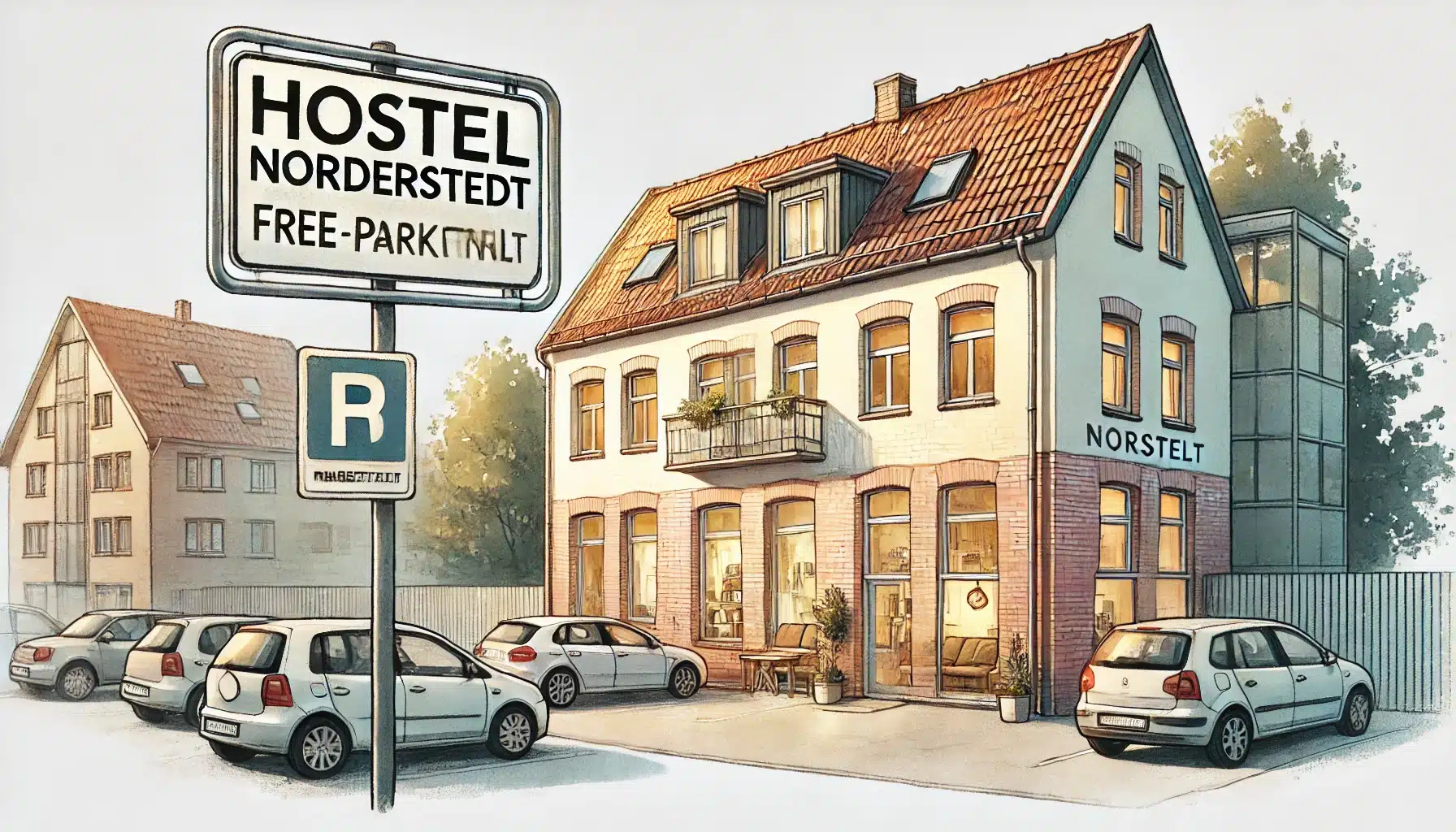 Gemütliches Hostel in Norderstedt mit moderner Fassade und kostenfreien Parkplätzen, perfekt für Reisende.