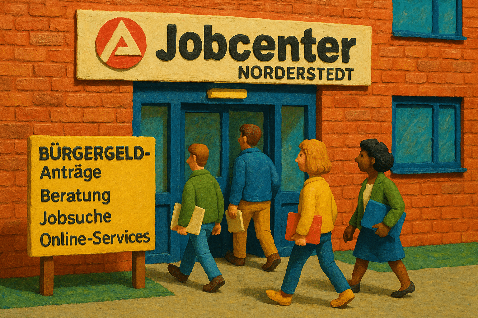 Eingang des Jobcenters Norderstedt mit Serviceangeboten wie Bürgergeld, Beratung und Jobsuche