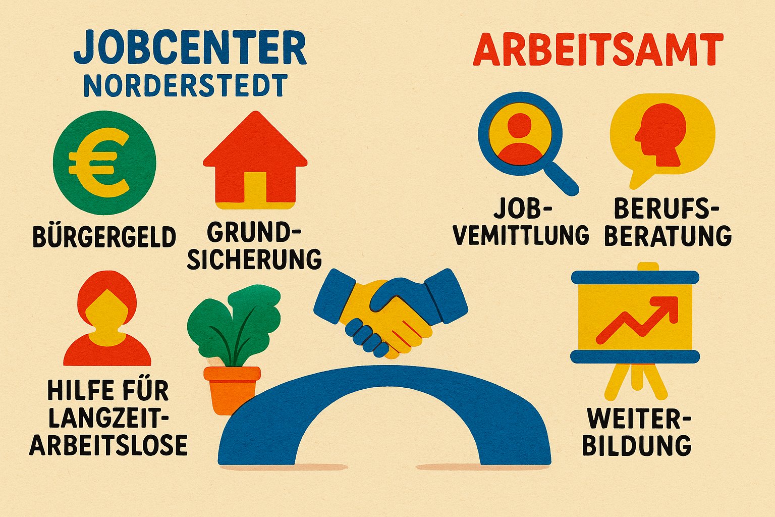 Infografik mit den Unterschieden und Aufgaben von Jobcenter und Arbeitsamt Norderstedt