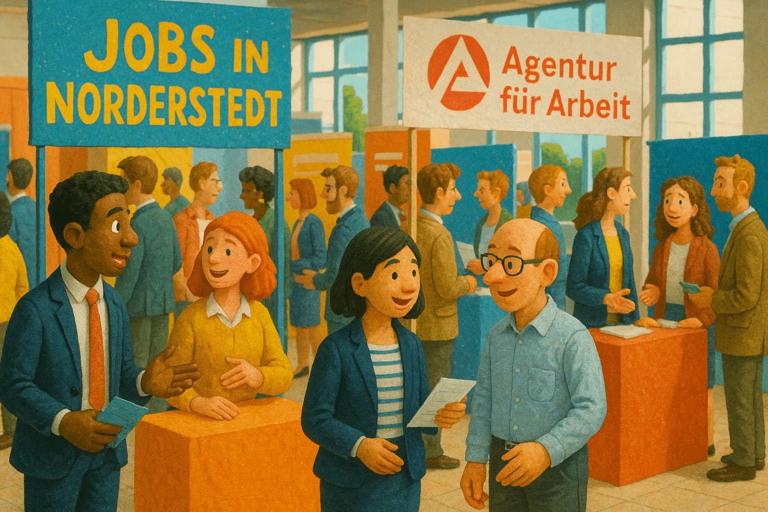 Jobmesse in Norderstedt mit Besuchern und Arbeitgebern an Ständen, organisiert von der Agentur für Arbeit
