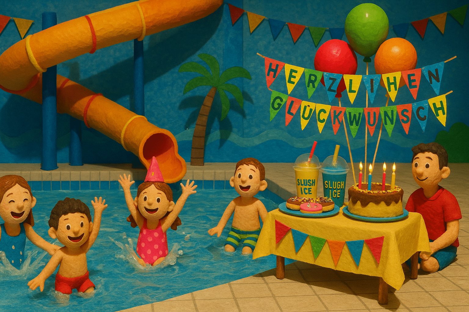 Kinder feiern Geburtstag im Arriba Erlebnisbad mit Wasserspaß, Rutsche und festlich gedecktem Tisch
