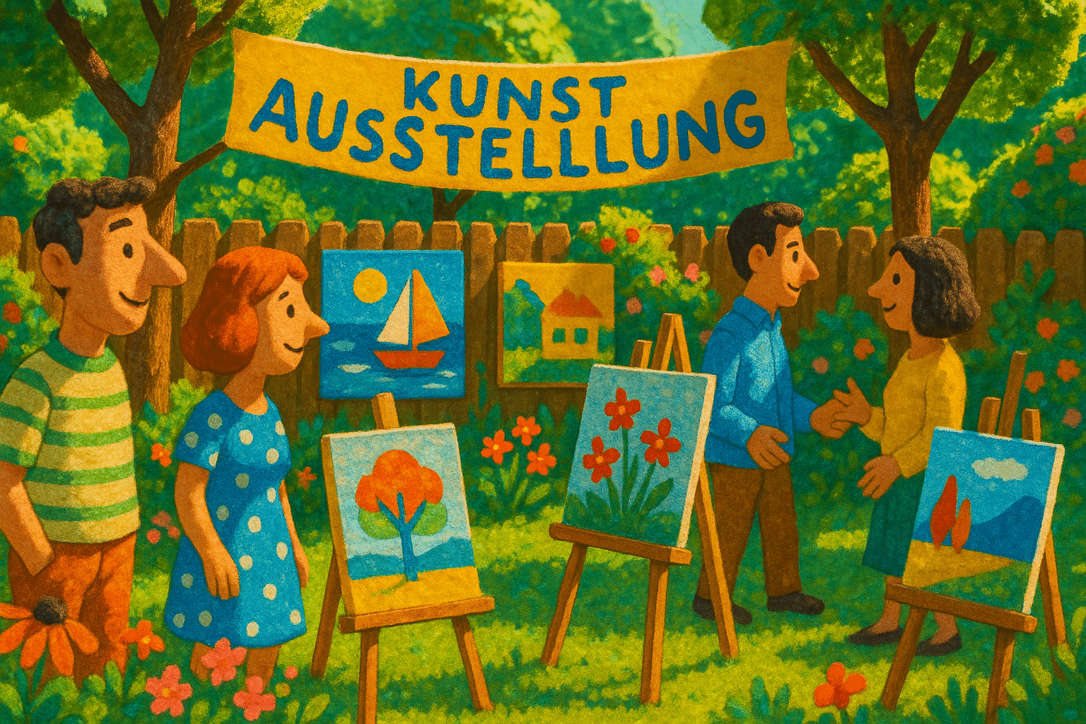 Open-Air-Kunstausstellung im Garten in Norderstedt am 31. August 2025 mit Kunstwerken zwischen Blumen und Besuchern