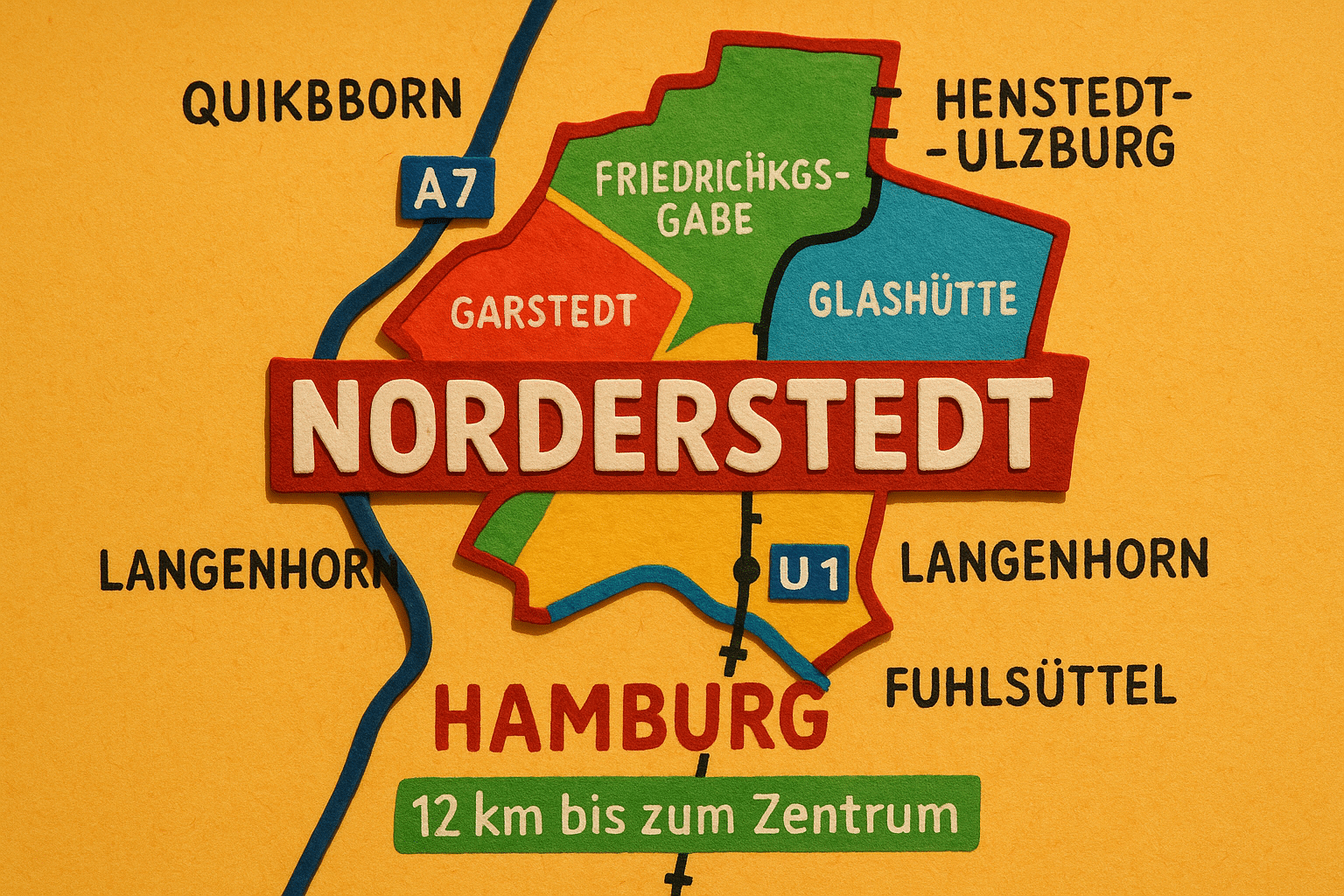 Infografik-Karte von Norderstedt mit Stadtteilen und angrenzenden Hamburger Stadtteilen, geografisch eingebettet in Schleswig-Holstein