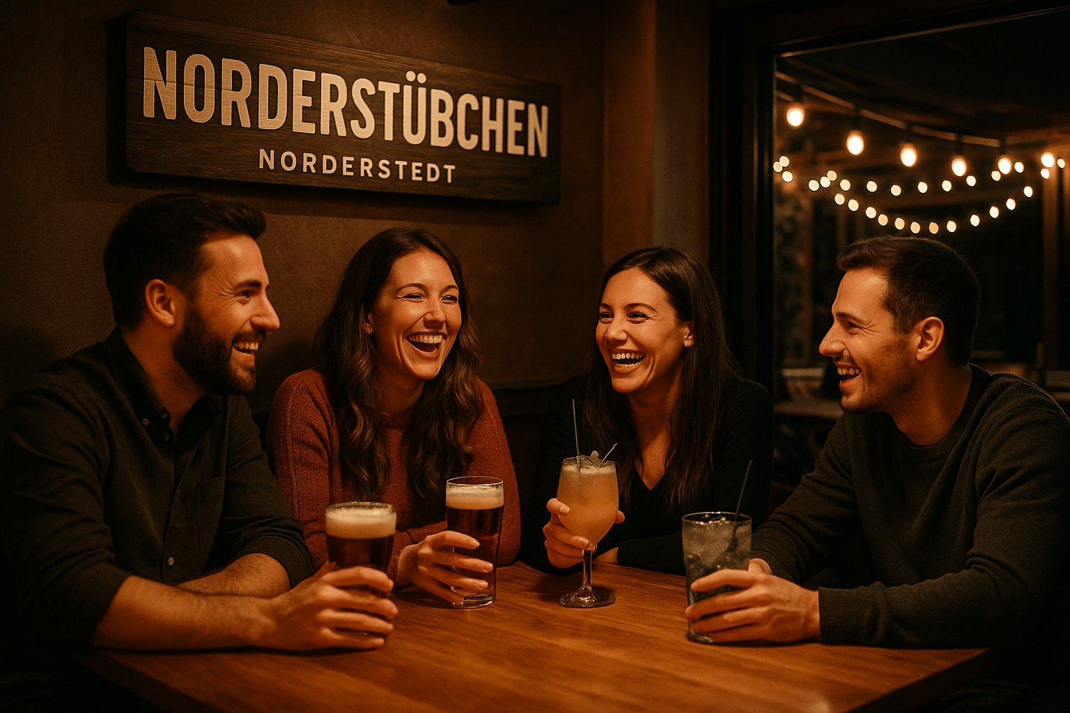 Gemütlicher Abend in der Bar Norderstübchen in Norderstedt mit Bier, Cocktails und Außenterrasse.