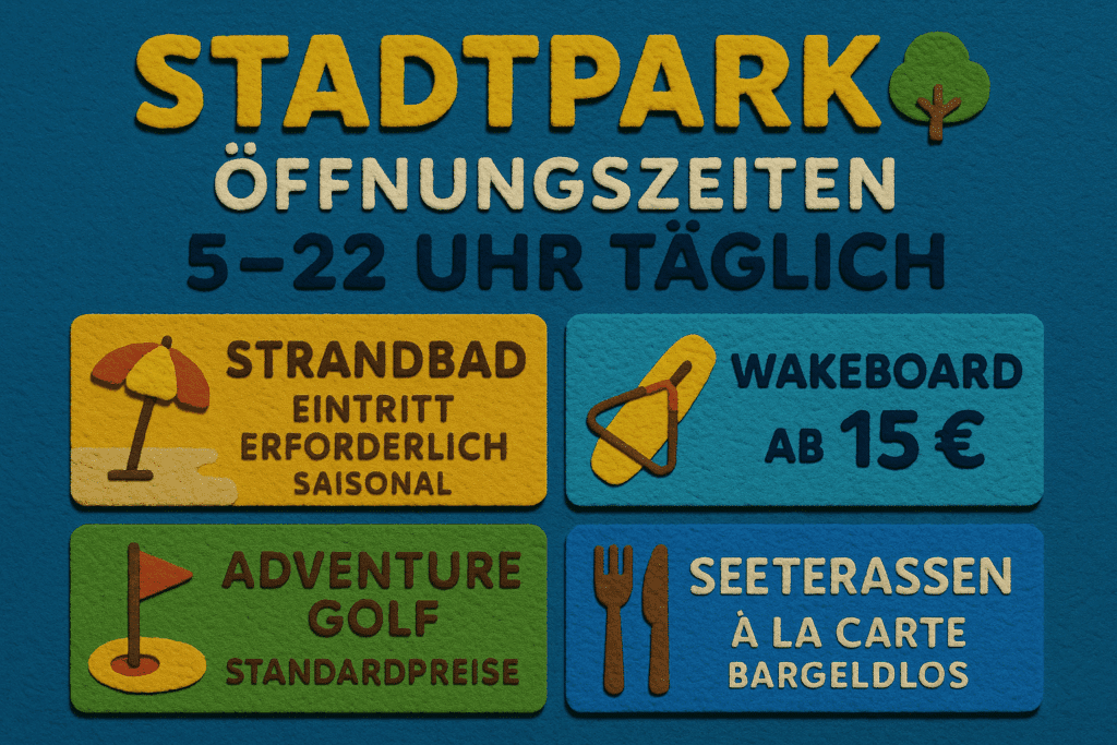 Infografik zu Öffnungszeiten und Eintrittspreisen am Stadtparksee Norderstedt inklusive SPOTZ-Angeboten