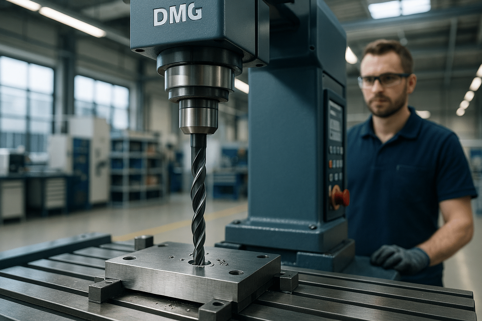 Präzise industrielle Bohrprozesse mit CNC-Maschine und geschultem Fachpersonal in moderner Fertigungshalle