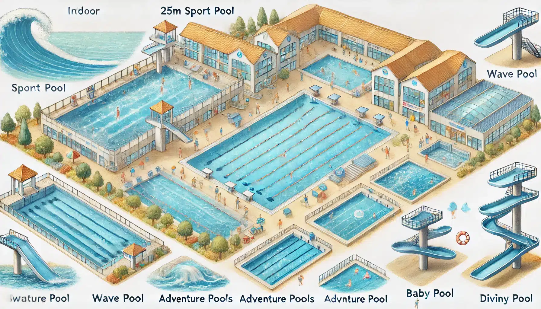 Illustration der Schwimmbecken im ARRIBA Erlebnisbad mit Sport-, Wellen-, Sole- und Erlebnisbecken im Aquarellstil