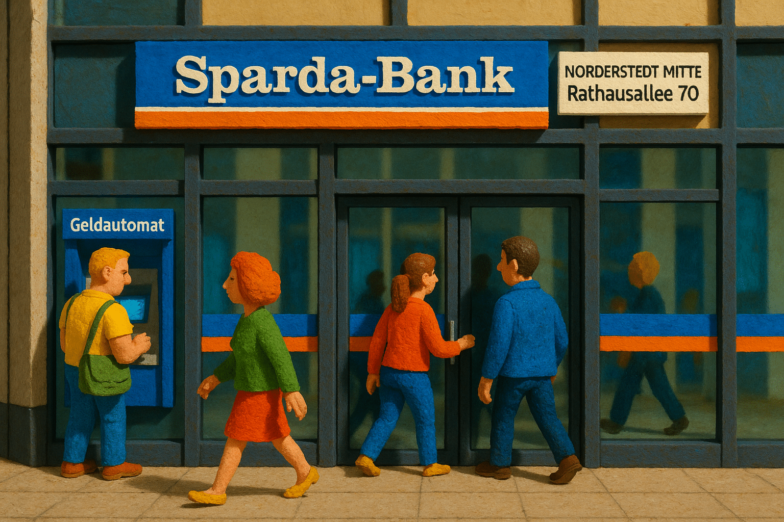 Sparda Bank Filiale in Norderstedt Mitte mit Kunden und Geldautomat