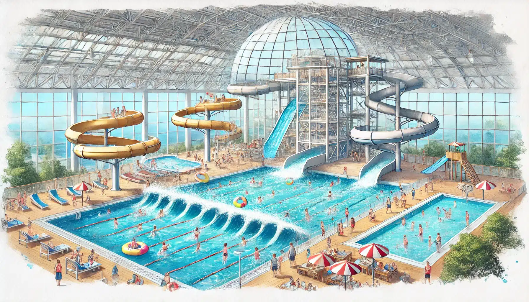 Sport- und Erlebnisbecken mit Panoramarutsche im ARRIBA Erlebnisbad Norderstedt als Aquarellillustration