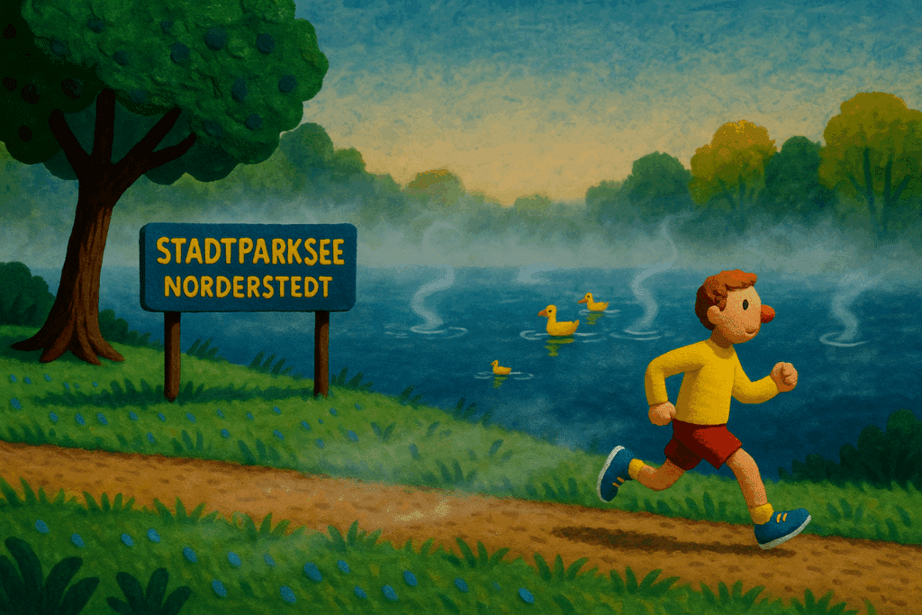 Stadtparksee Norderstedt im Morgendunst mit Nebelschwaden über dem Wasser