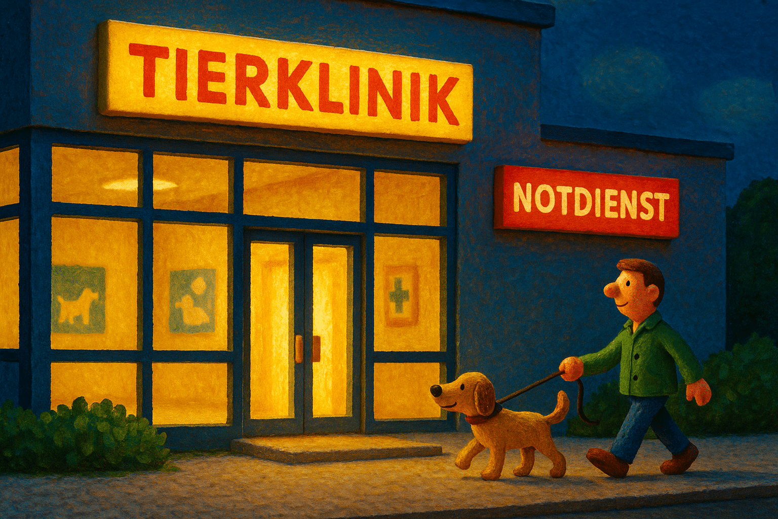 Eingang der Tierklinik Norderstedt mit Hund und Halter vor dem Notdienst