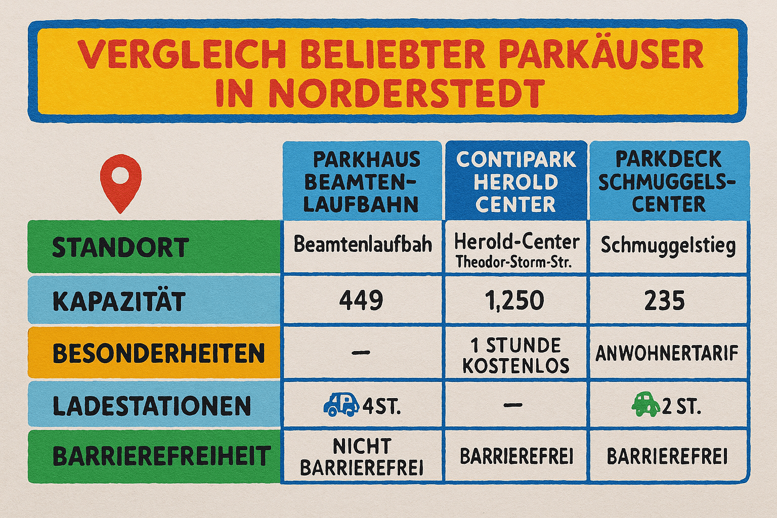 Gestaltete Infografik mit einem Vergleich von drei beliebten Parkhäusern in Norderstedt: Parkhaus Beamtenlaufbahn, CONTIPARK Herold Center und Parkdeck Schmuggelstieg Center. Übersichtliche Darstellung mit Standort, Kapazität, Besonderheiten, Ladestationen & Barrierefreiheit. Modernes, sauberes Design im 3:2 Format. Alle Texte müssen auf Deutsch sein.