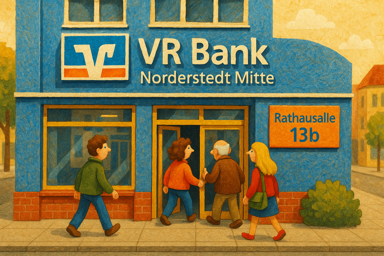 VR Bank Norderstedt Mitte Filiale in der Rathausallee 13b mit Kunden vor dem Eingang