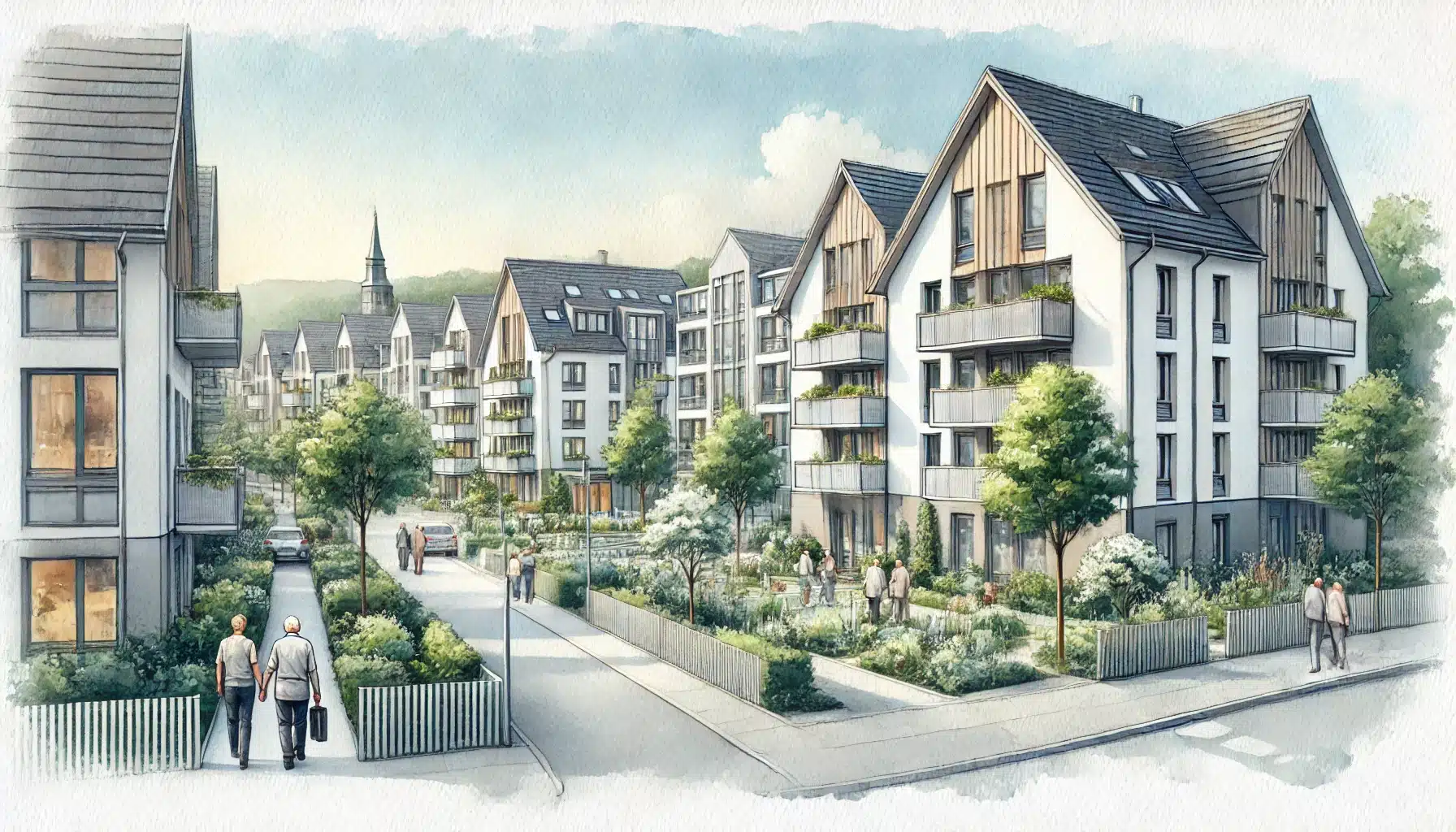 Wohnquartier in Norderstedt Garstedt mit Altbau, Neubau und Reihenhäusern zur Miete im Aquarellstil